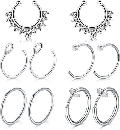 Fake Piercings Set Nasen Septum Lippe Ohr Silber Rosegold 10 Stück