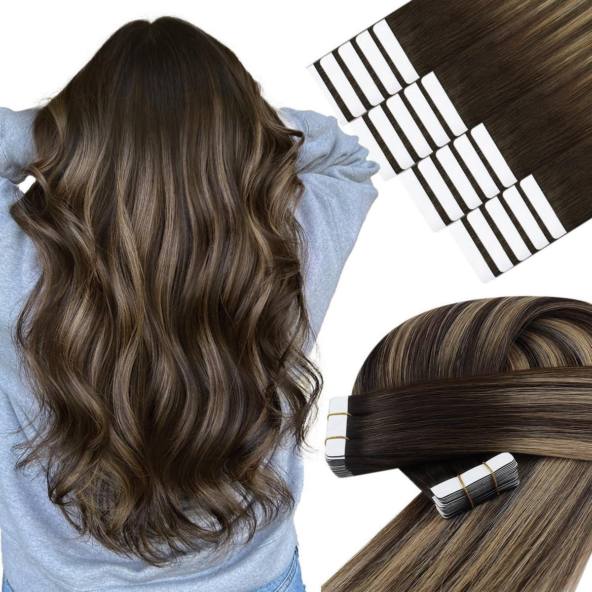 Echthaar Tape Extensions Ombre Braun Blond 55cm