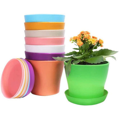 8 Bunte Kunststoff Blumentöpfe mit Schale – 14cm