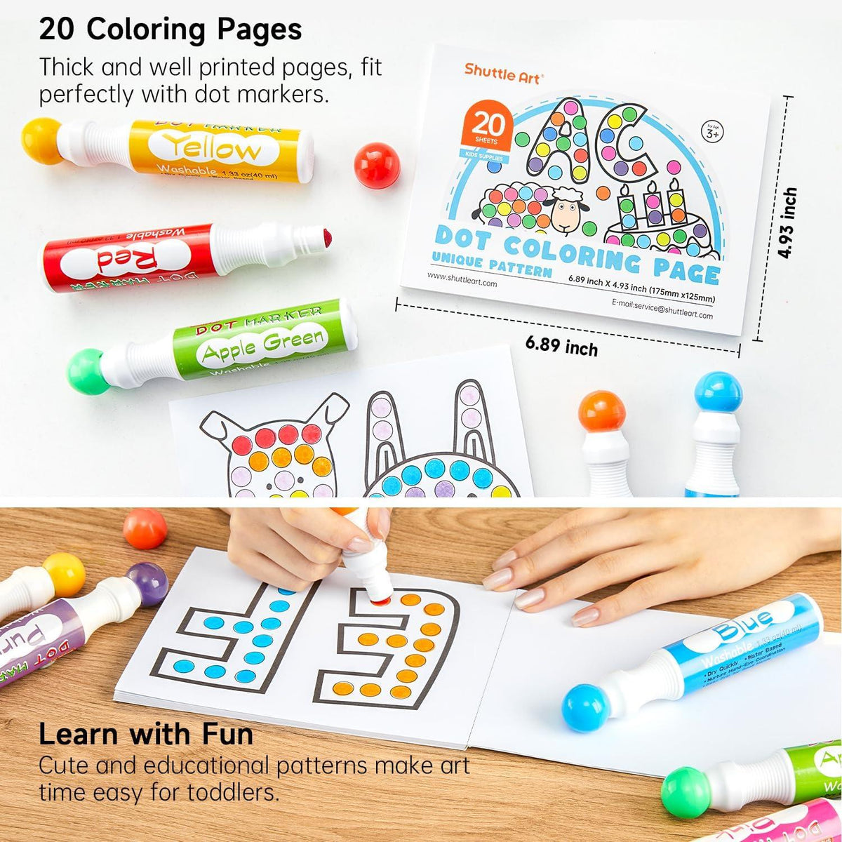 10er Set waschbare Shuttle Art Punktmarker für Kinder mit Malbuch