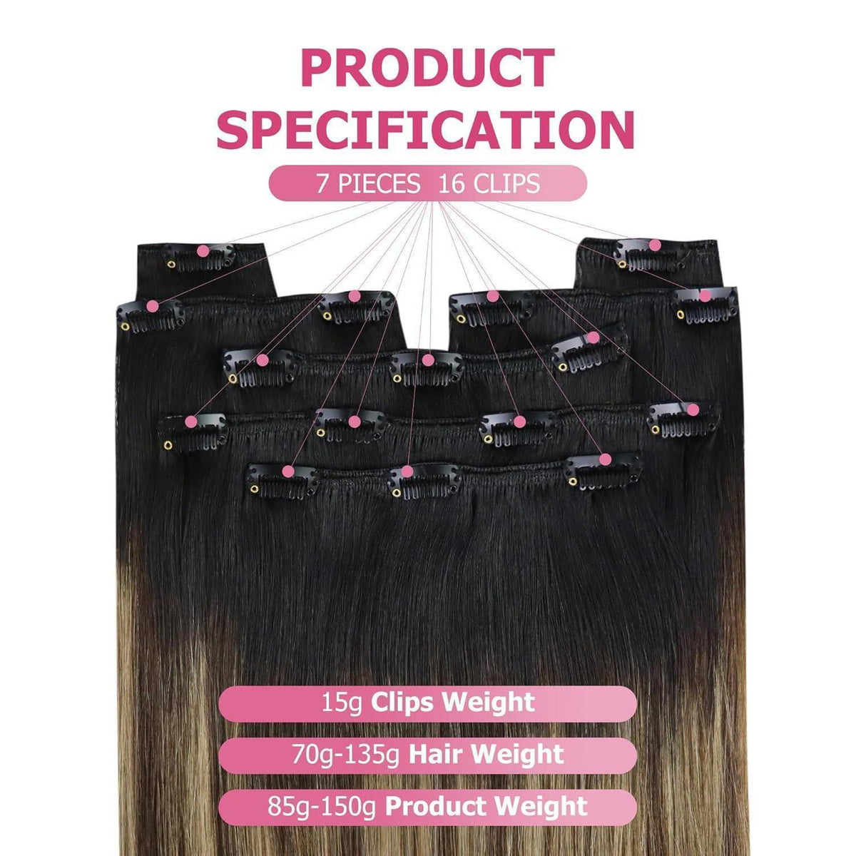Echthaar Clip-in Extensions Balayage Schwarz Braun Blond 45cm