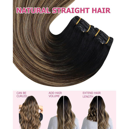 Echthaar Clip-in Extensions Balayage Schwarz Braun Blond 45cm