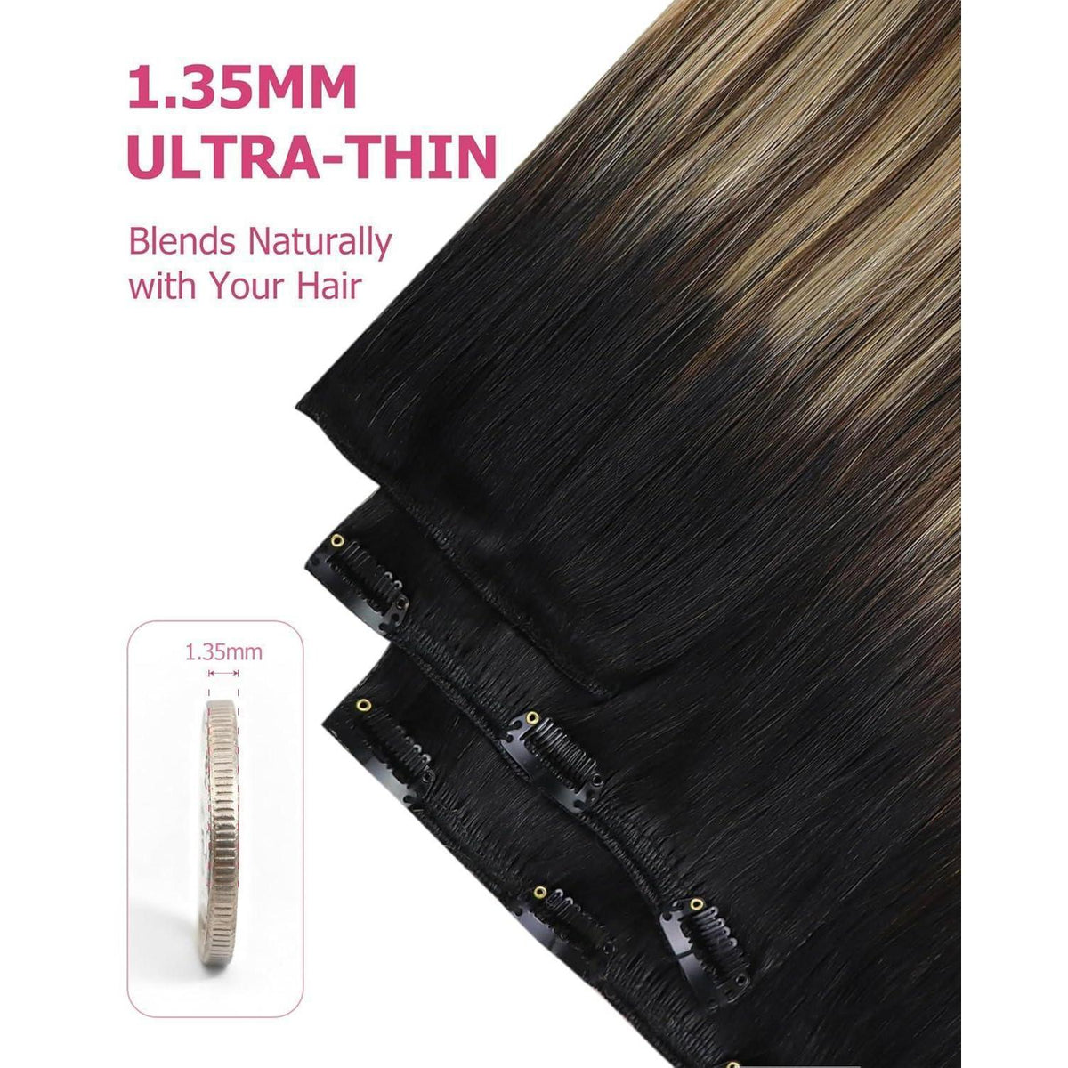 Echthaar Clip-in Extensions Balayage Schwarz Braun Blond 45cm