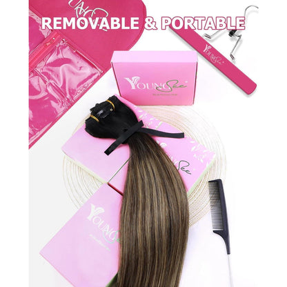 Echthaar Clip-in Extensions Balayage Schwarz Braun Blond 45cm