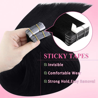Echthaar Tape-in Extensions Schwarz 60cm - Haarverlängerung
