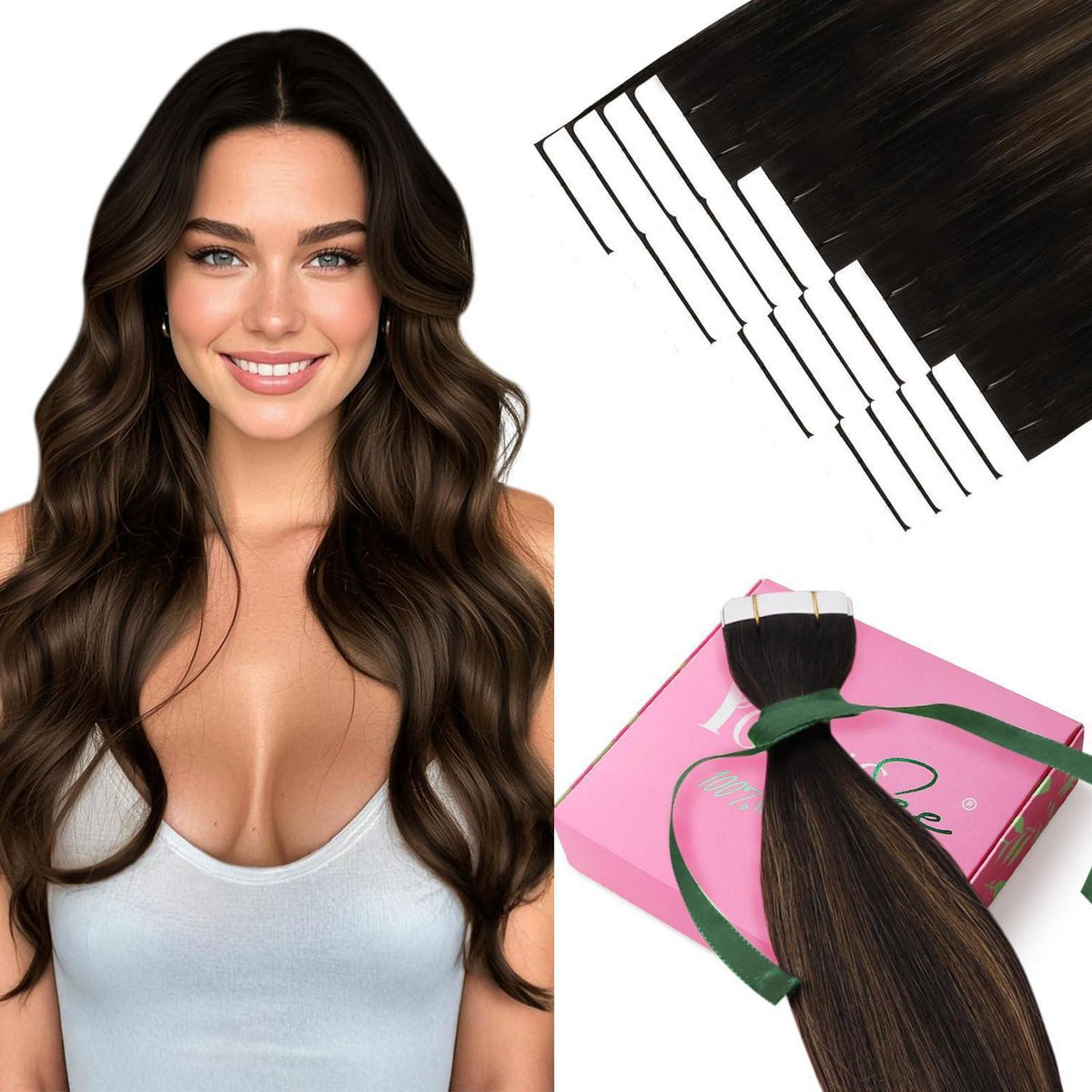 Echthaar Tape Extensions Ombre Braun 60cm