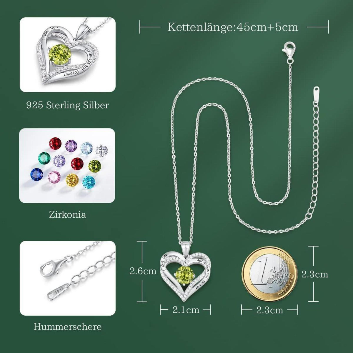 Herz Halskette 925 Sterling Silber Rosegold mit Zirkonia & Geburtsstein