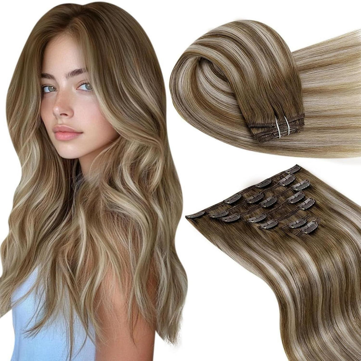 Echthaar Clip-in Extensions Balayage Blond Ombre 40cm