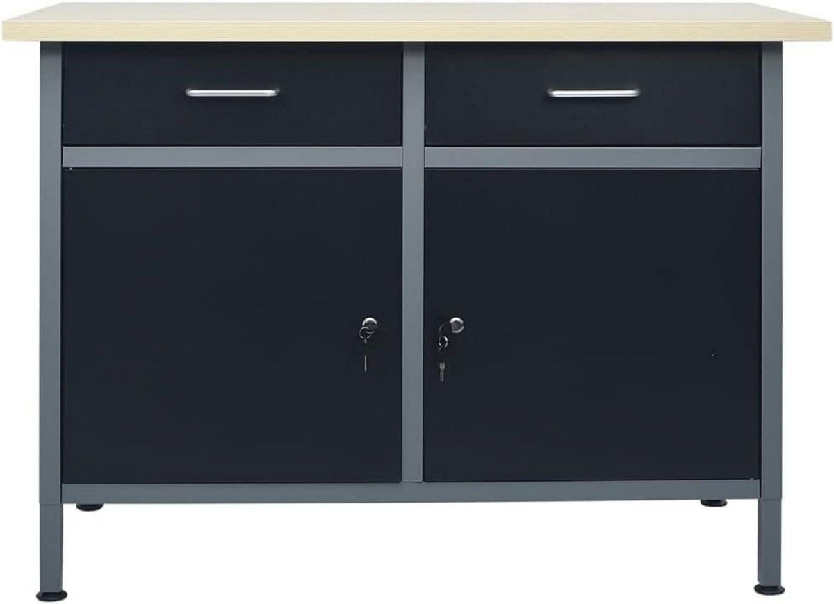 vidaXL Werkbank Schwarz 2 Schubladen 2 Schränke Türen Stahl 120x60x85cm