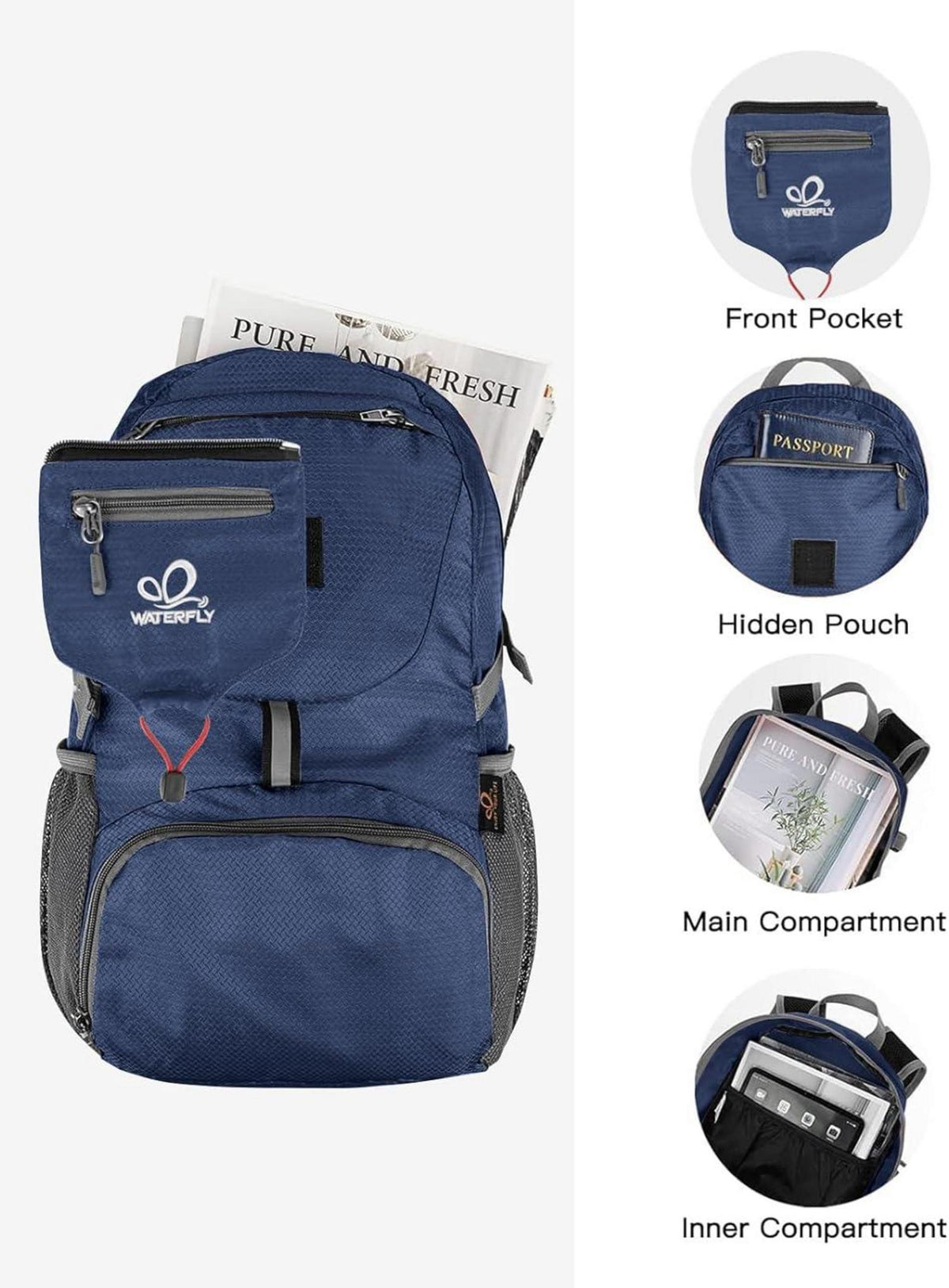 WATERFLY Ultraleicht Faltbarer 20L Wanderrucksack Dunkelblau