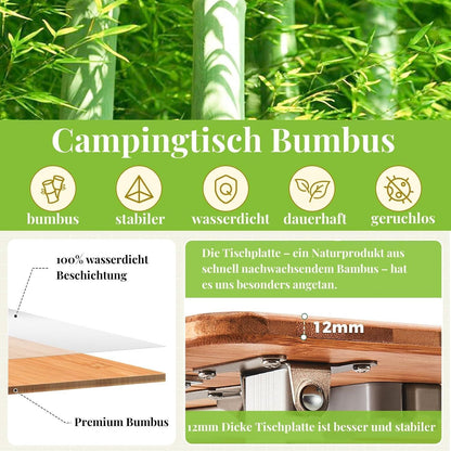 Höhenverstellbarer Bambus Campingtisch 100x65cm für 2-6 Personen