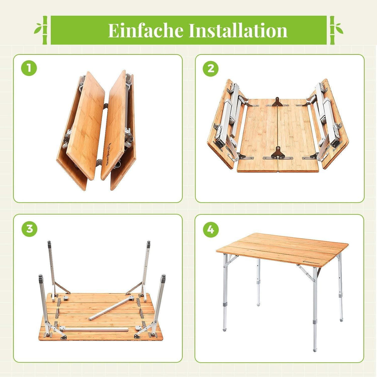 Höhenverstellbarer Bambus Campingtisch 100x65cm für 2-6 Personen