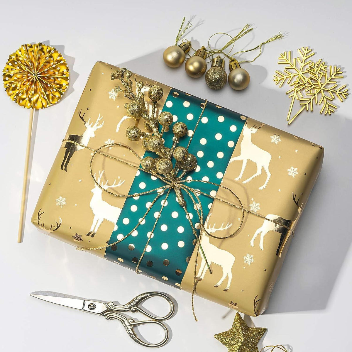 Geschenkpapier Rolle Grün Gold Glitzer - 4 Rollen 76x305cm