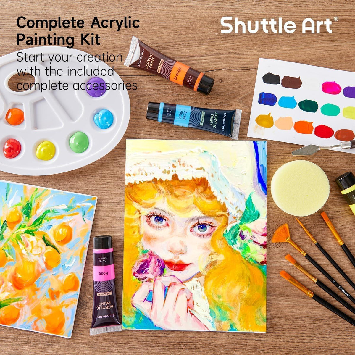 48-teiliges Acrylfarbenset: 30 Farben, 10 Pinsel, 5 Leinwände, Zubehör