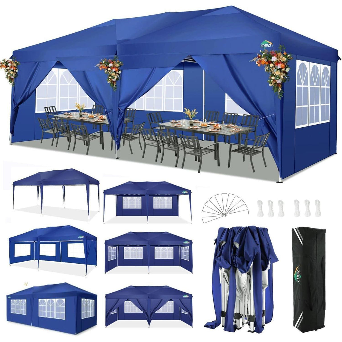 Faltpavillon 3x6m wasserdicht mit 6 Seitenwänden – Blau