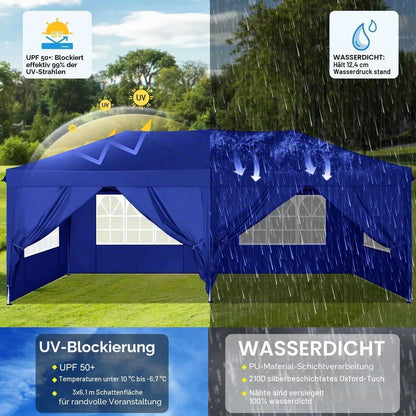 Faltpavillon 3x6m wasserdicht mit 6 Seitenwänden – Blau