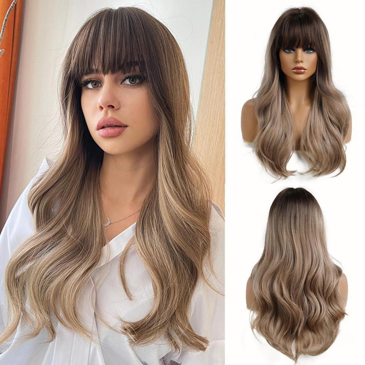 24 Zoll Lockenperücke Dunkelblond mit Pony – Hitzebeständig & Natürlich