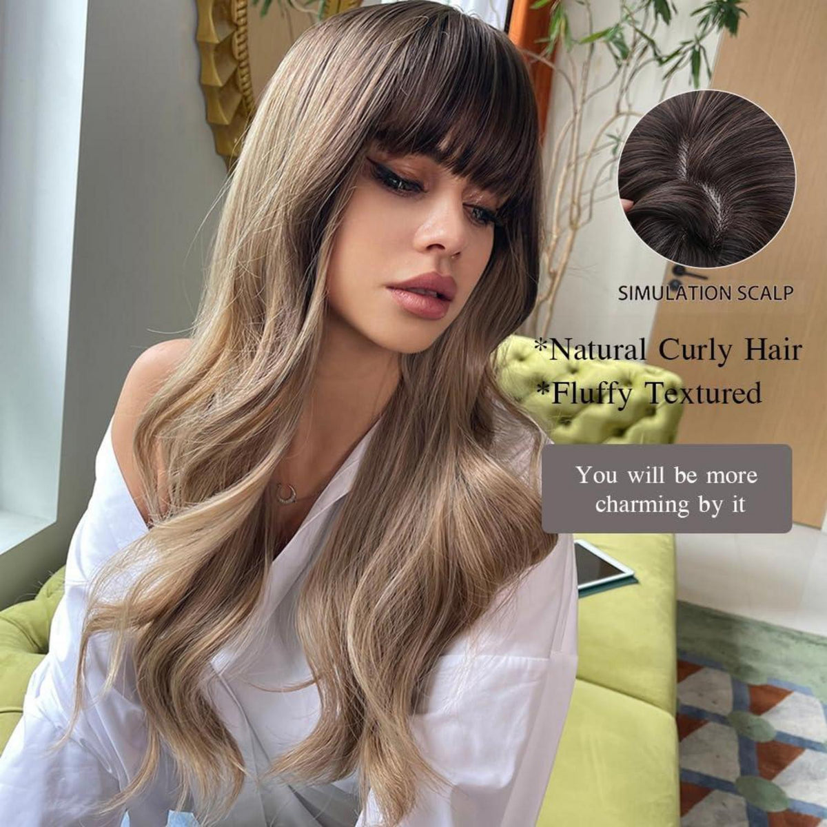 24 Zoll Lockenperücke Dunkelblond mit Pony – Hitzebeständig & Natürlich