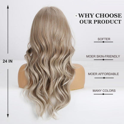 24 Zoll Lange Lockenperücke Ascheblond mit Pony – Synthetisch & Hitzebeständig
