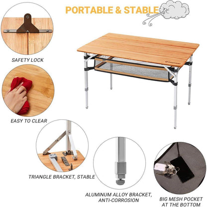 Höhenverstellbarer Bambus Campingtisch 100x65cm mit Netz