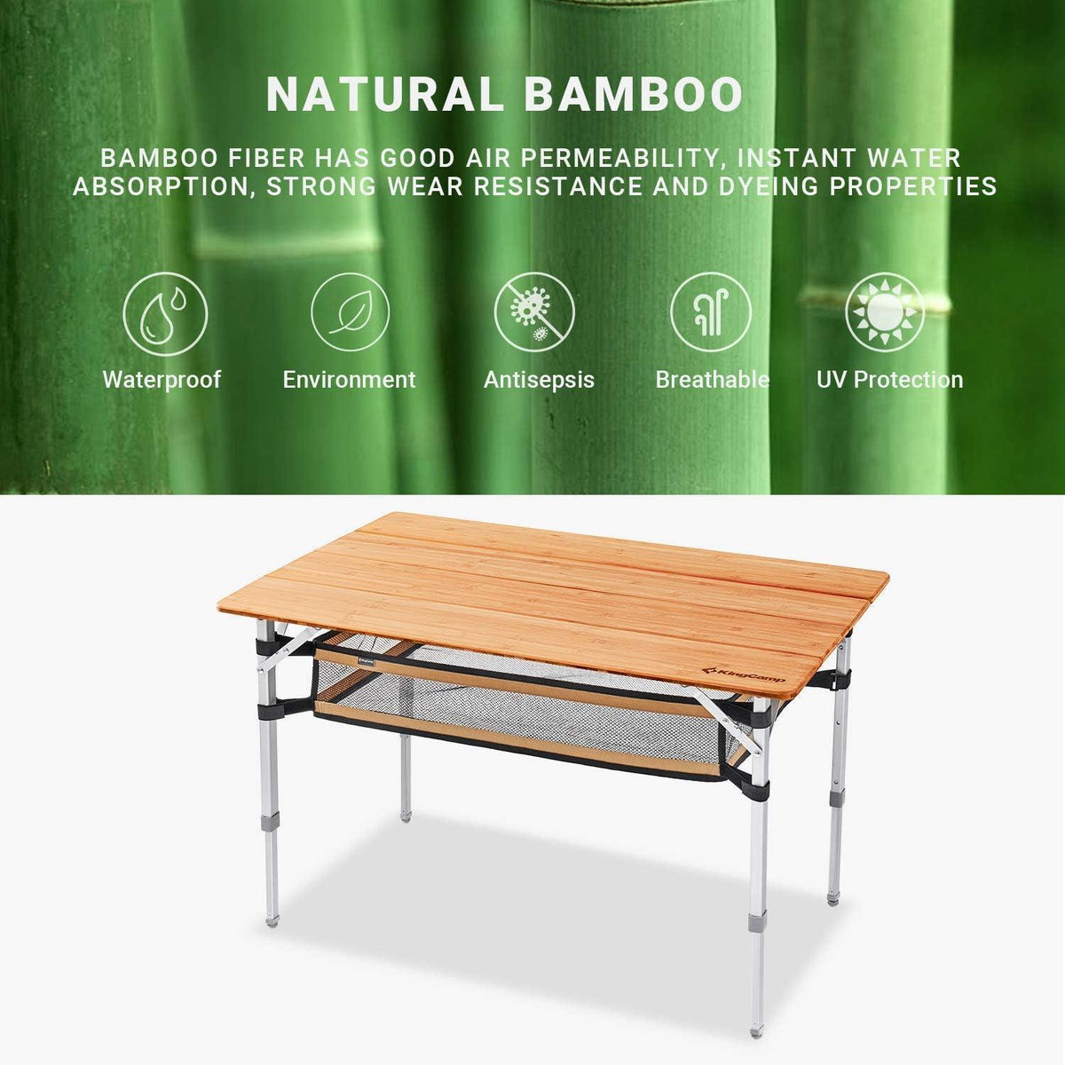 Höhenverstellbarer Bambus Campingtisch 100x65cm mit Netz
