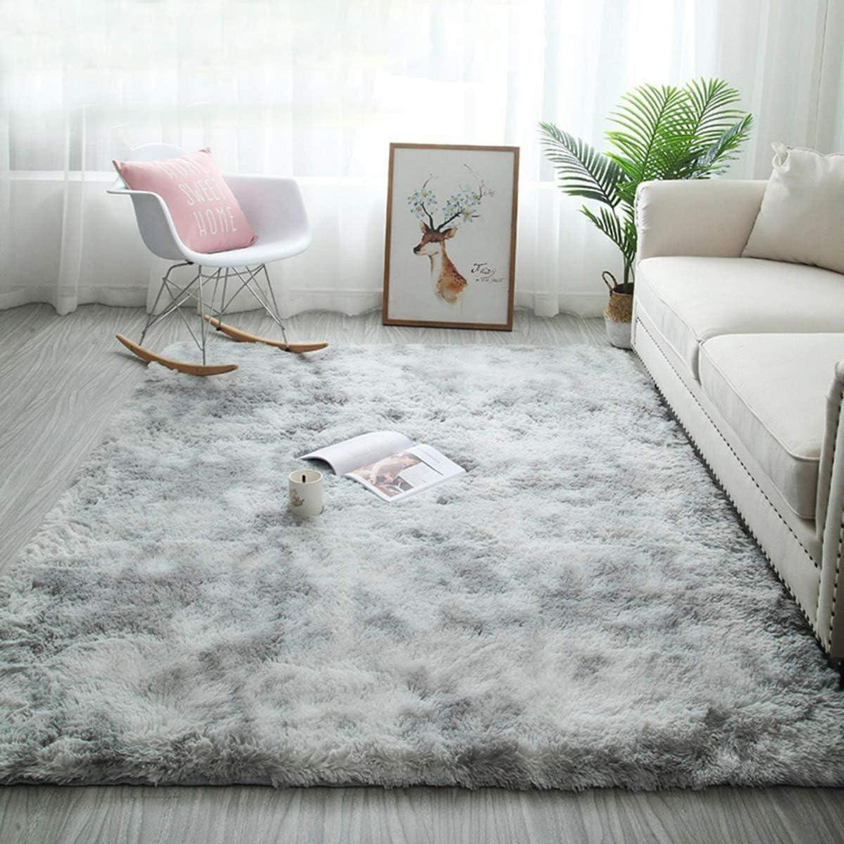 Leesentec Weicher Shaggy Teppich 160x200cm Grau Weiß Anti-Rutsch Schlafzimmer-Wohnzimmerteppich