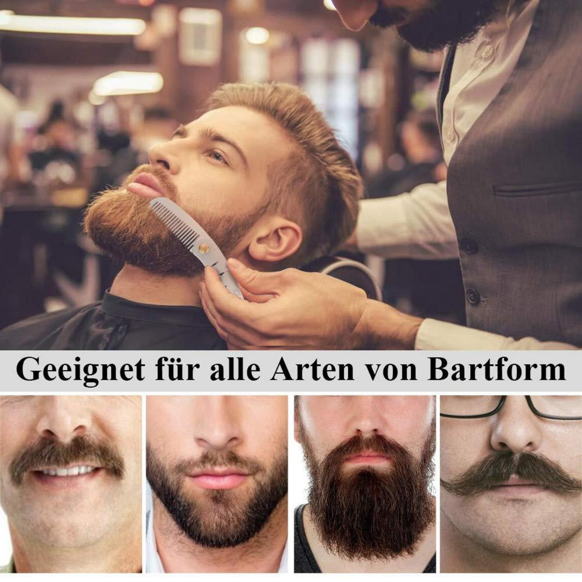 Faltbarer Metallkamm Bartkamm Edelstahl Flaschenöffner - Geschenkbox