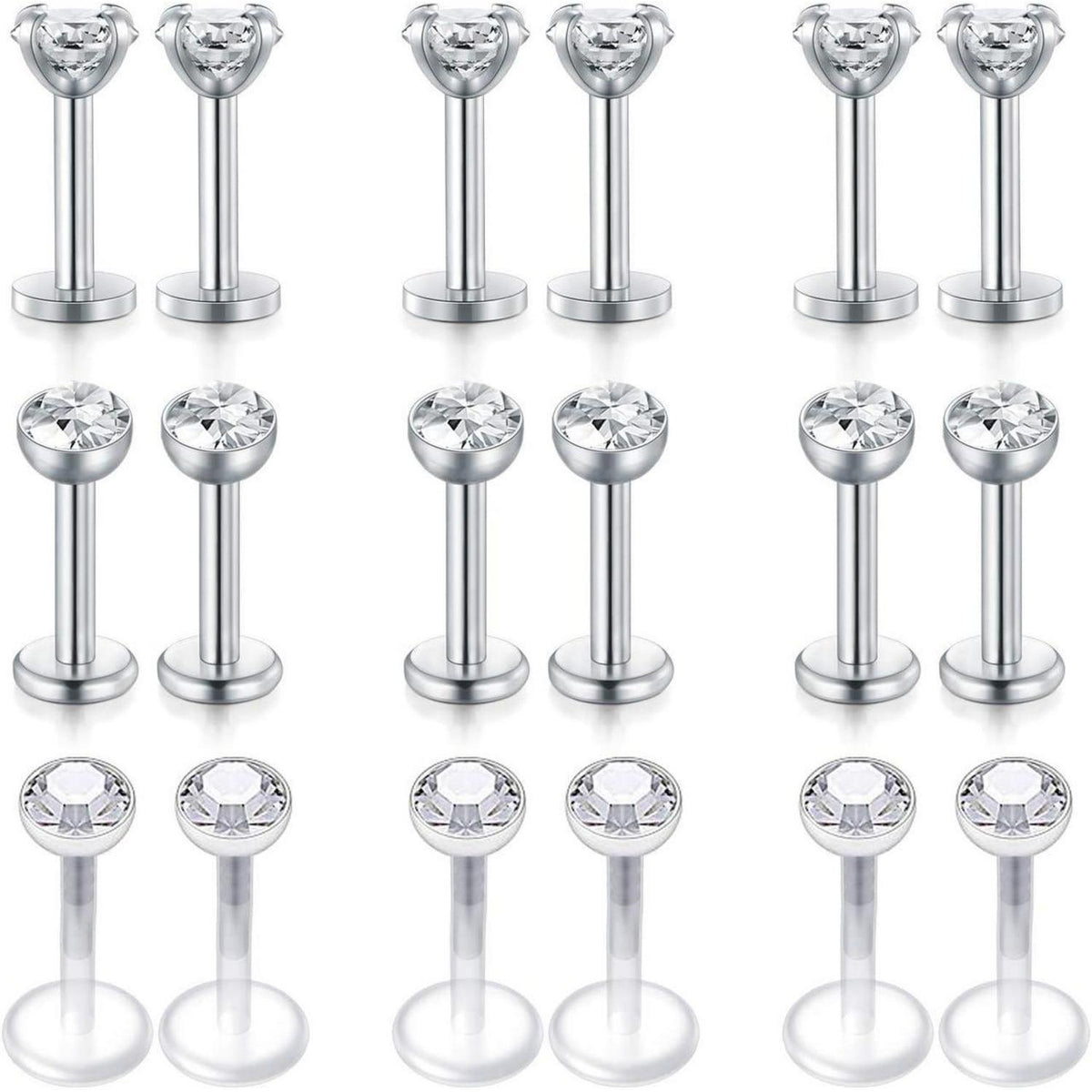 18er Tragus Helix Piercing Set Edelstahl & Bioflex 6-10mm Silber