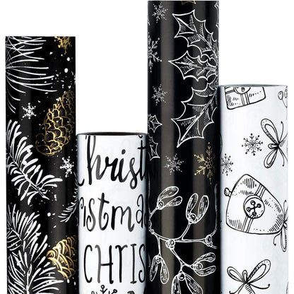 Weihnachts-Geschenkpapier Schwarz-Weiß-Gold 4 Rollen 76cm x