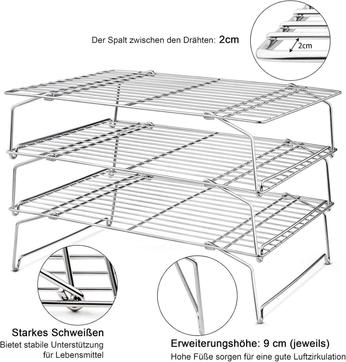 HaWare 3-tlg. Edelstahl Kühlgitter 38x26cm stapelbar & faltbar