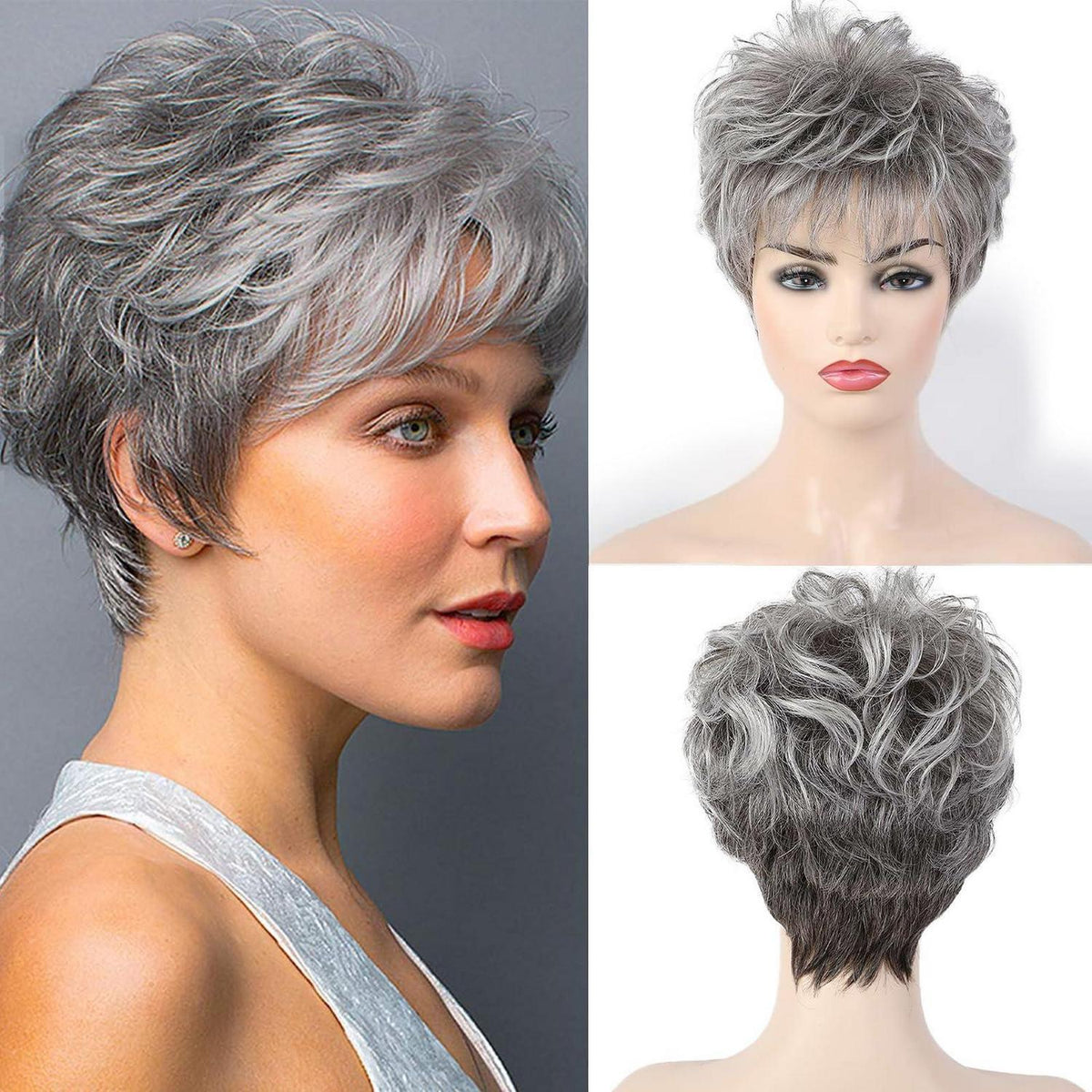 Graue Lockenperücke Kurz Damen Echthaar Perücke Pixie Cut