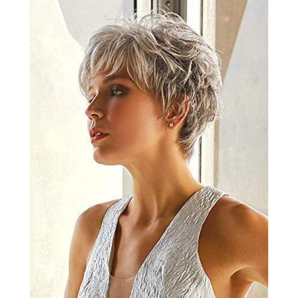 Graue Lockenperücke Kurz Damen Echthaar Perücke Pixie Cut