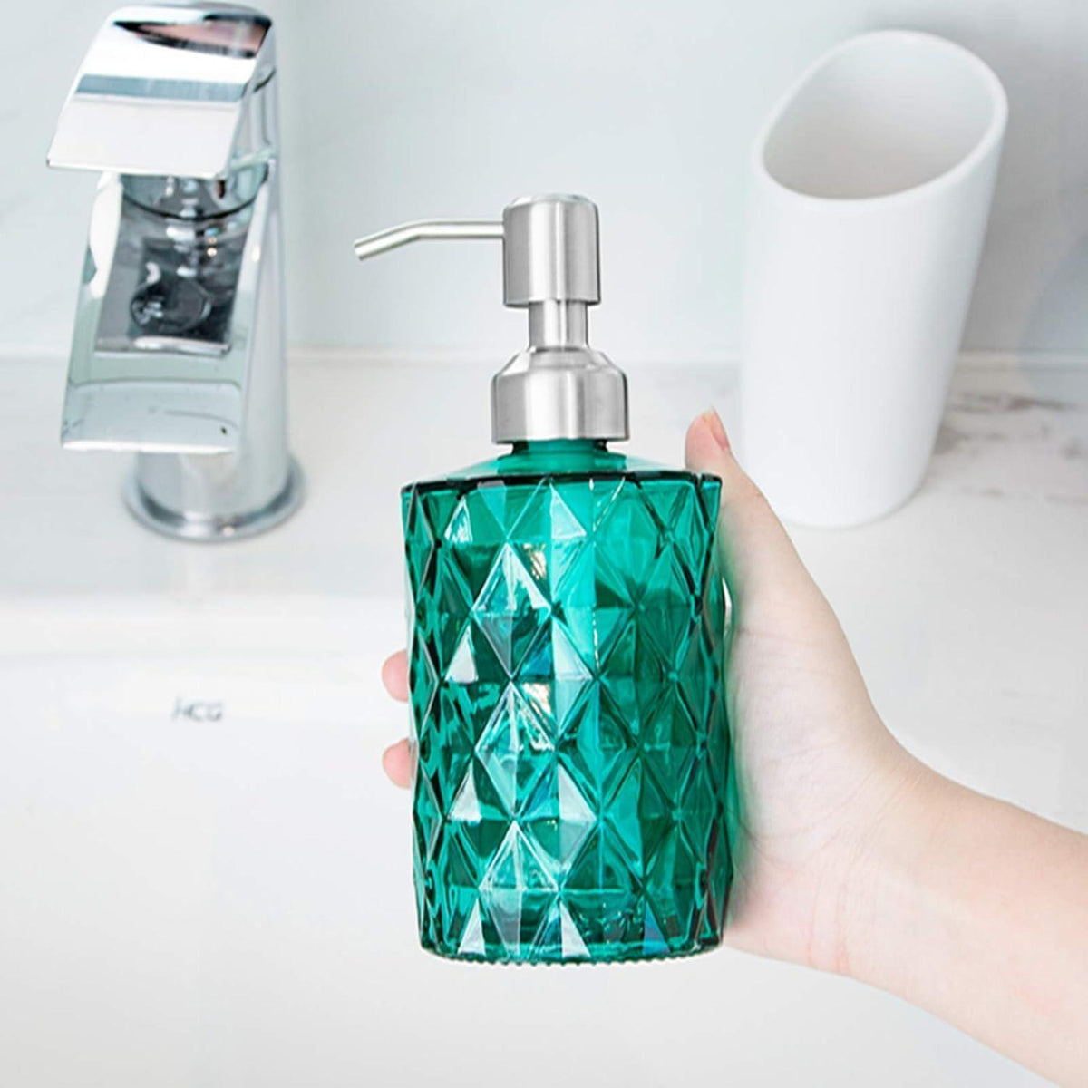 Glas Seifenspender mit Edelstahlpumpe - 340ml Küche & Bad
