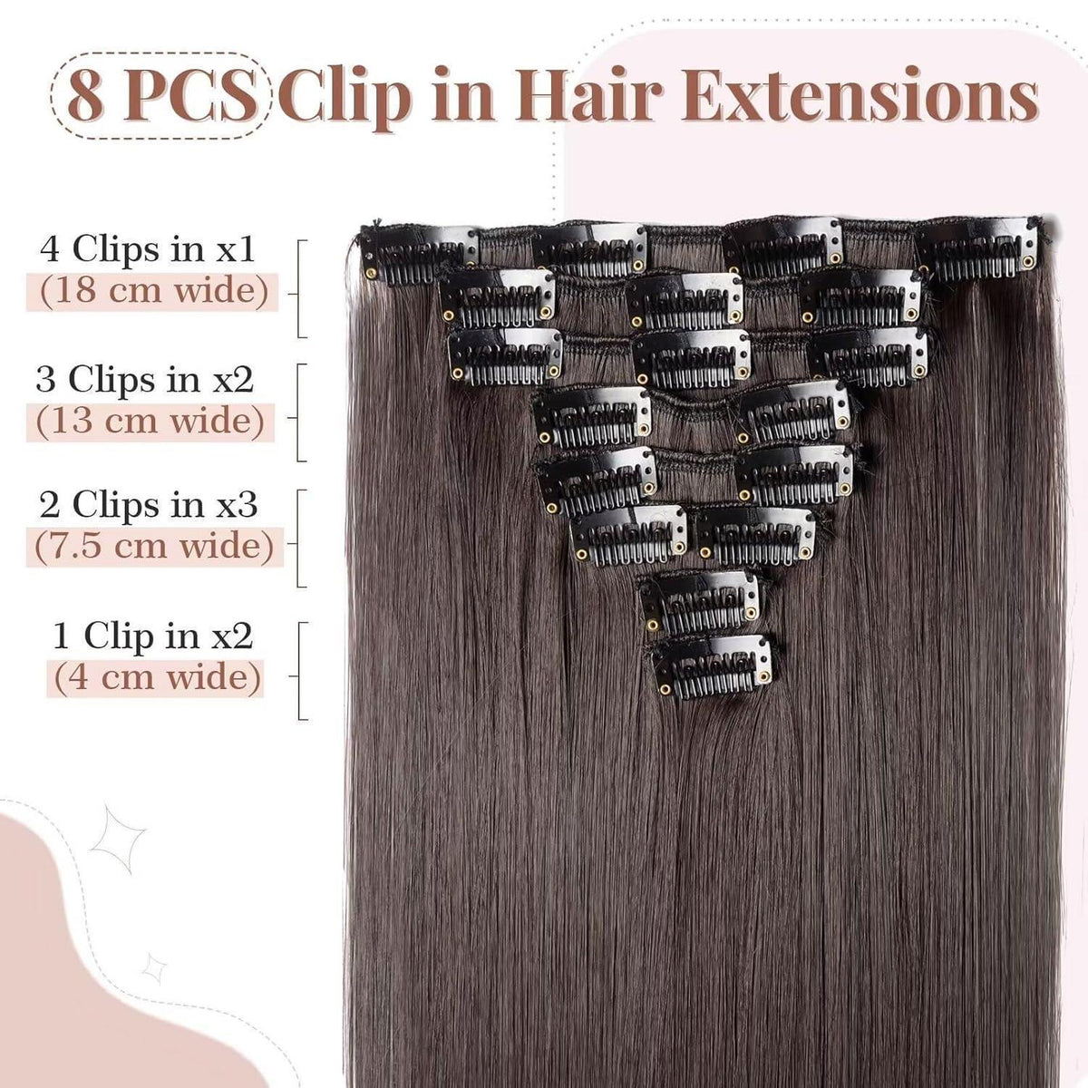 Dunkelbraune Clip-in Haarverlängerung – 66cm, 140g, 8 Tressen