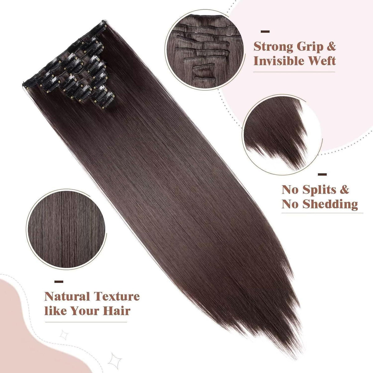 Dunkelbraune Clip-in Haarverlängerung – 66cm, 140g, 8 Tressen