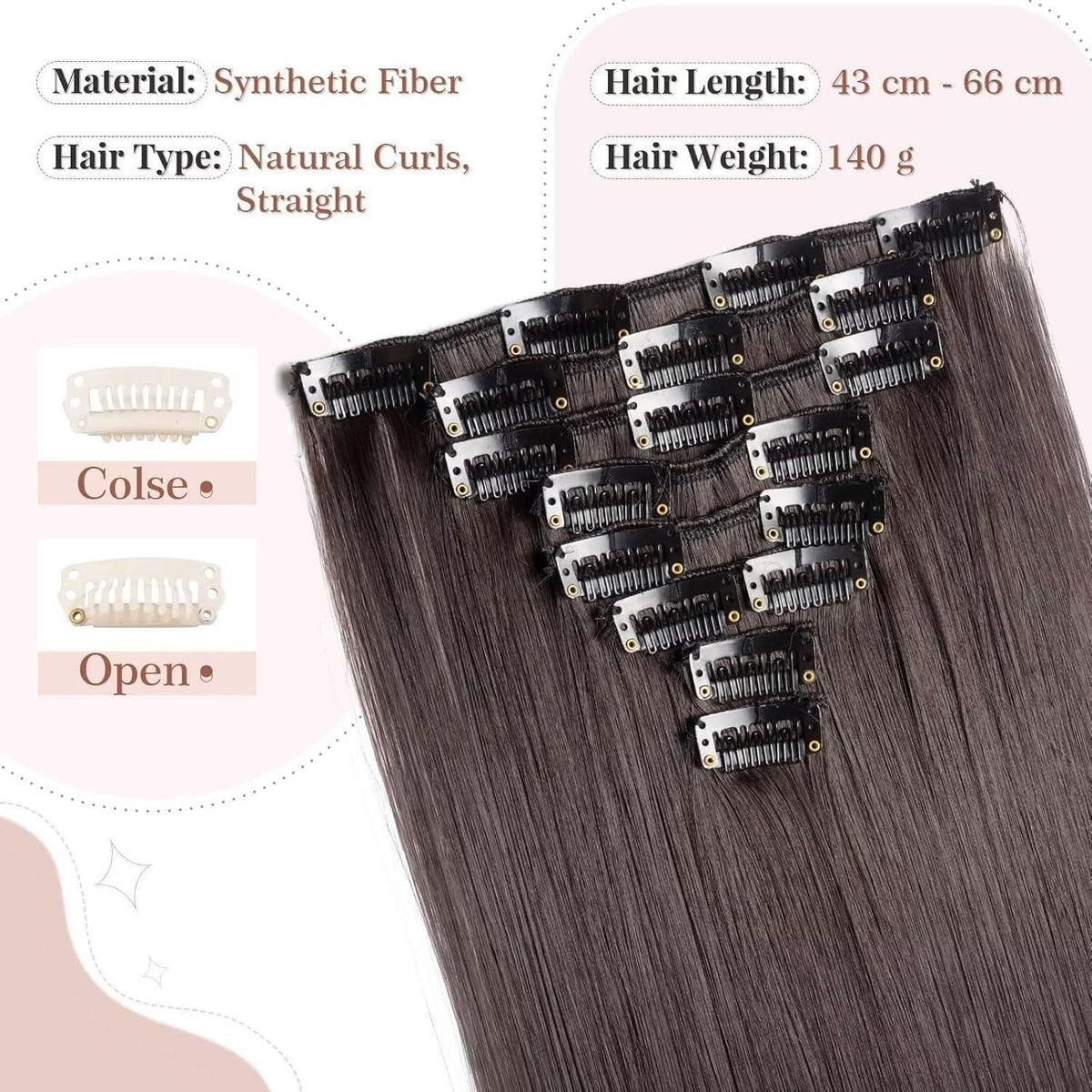 Dunkelbraune Clip-in Haarverlängerung – 66cm, 140g, 8 Tressen