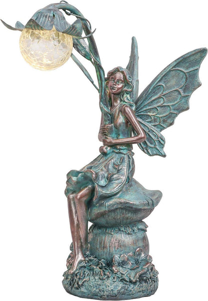 Gartendeko Elfen Solar Fairy Bronze 35cm Statue Glaskugeln