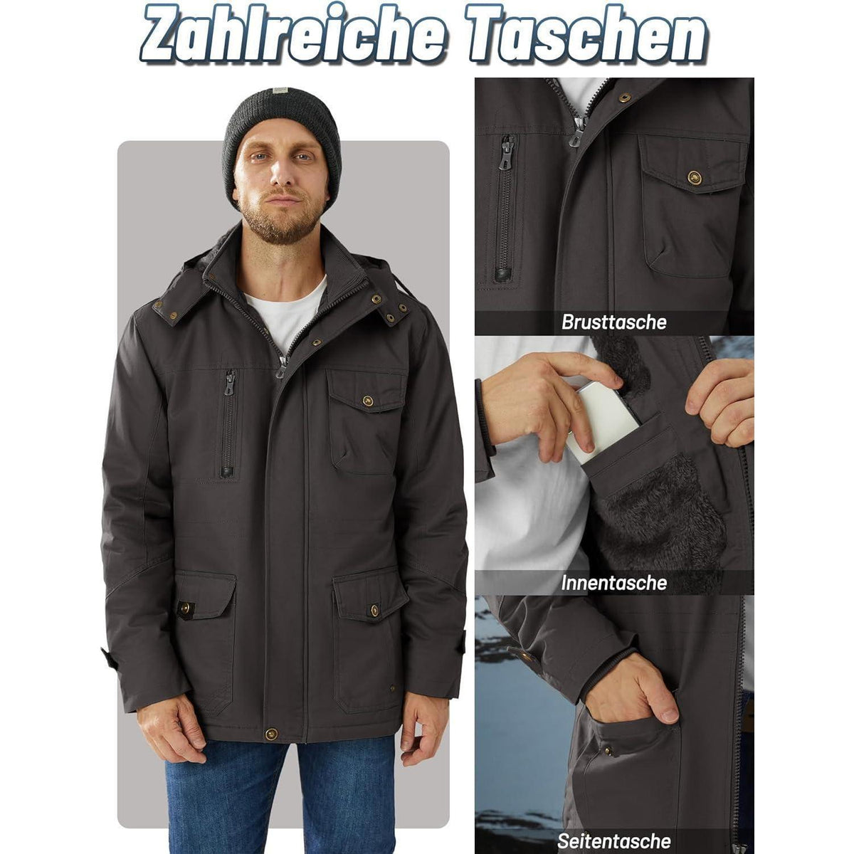 Herren Winterparka mit Kapuze – Warm & Vielseitig Dunkelgrau
