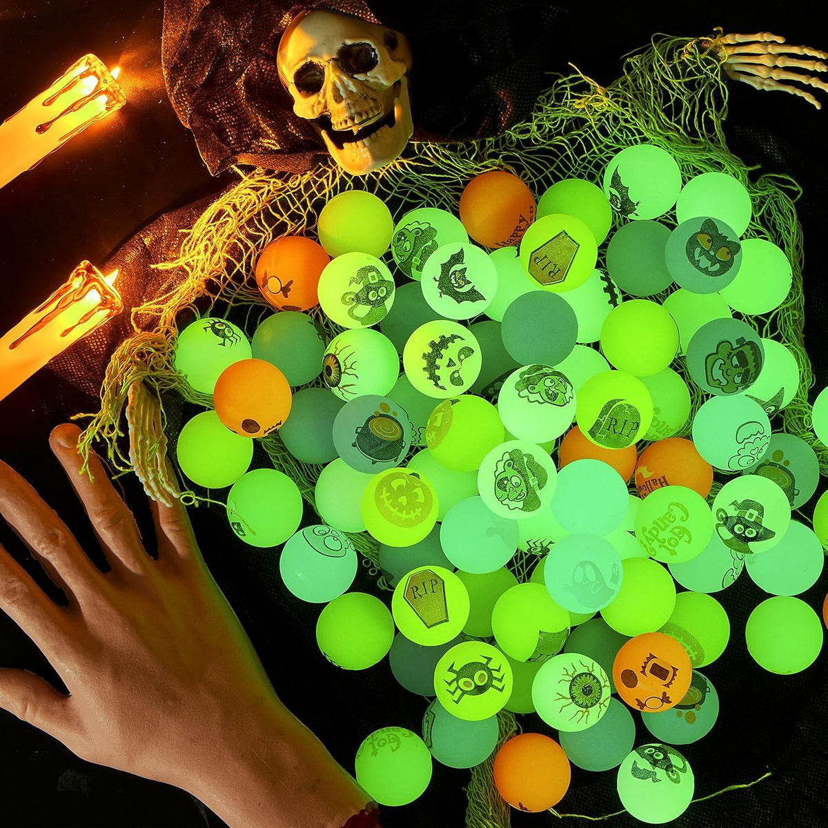 100er Pack Halloween Glow in the Dark Springbälle 32mm - Hüpfball Gummiball