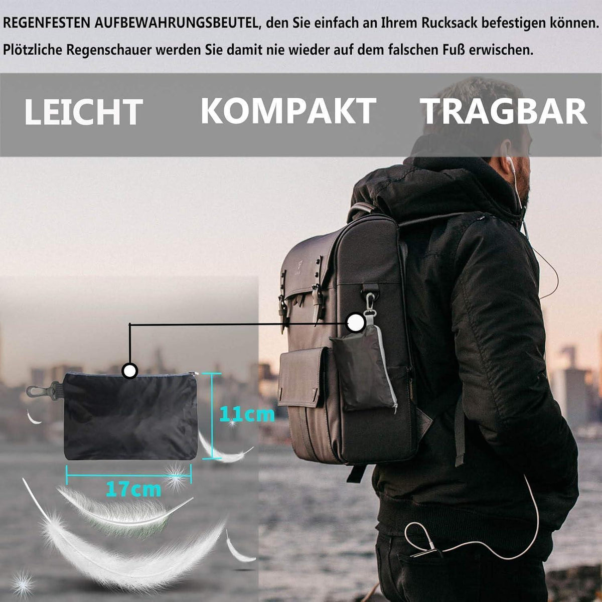 Wasserdichter Rucksack Regenhülle mit Reflektoren – XL (50-65L) Schwarz