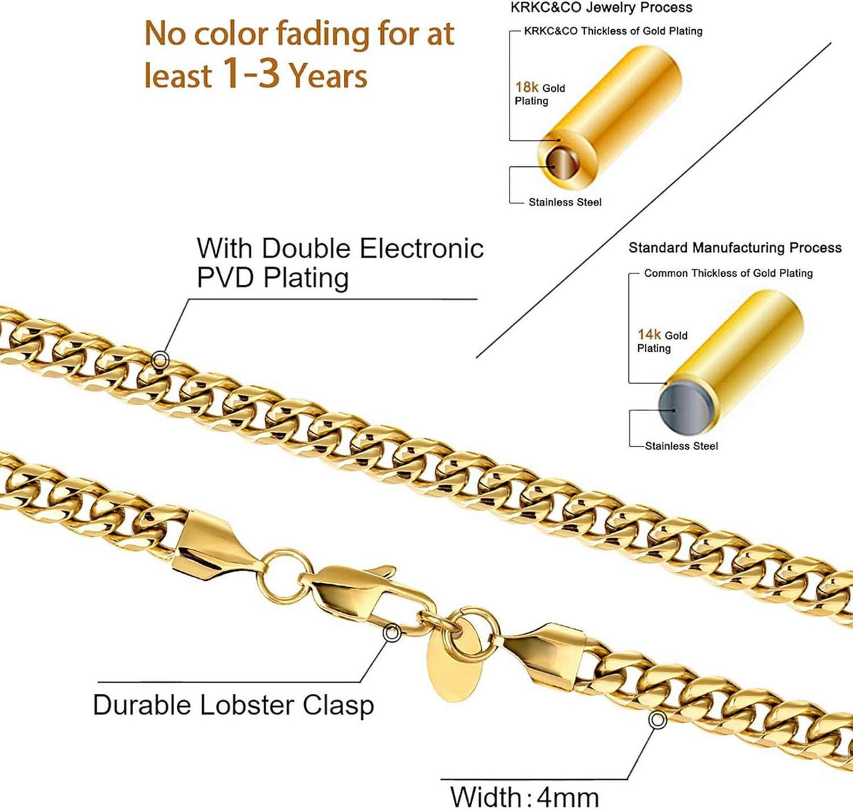 Herren Panzerkette Edelstahl 4mm 18K Gold vergoldet 55.9cm