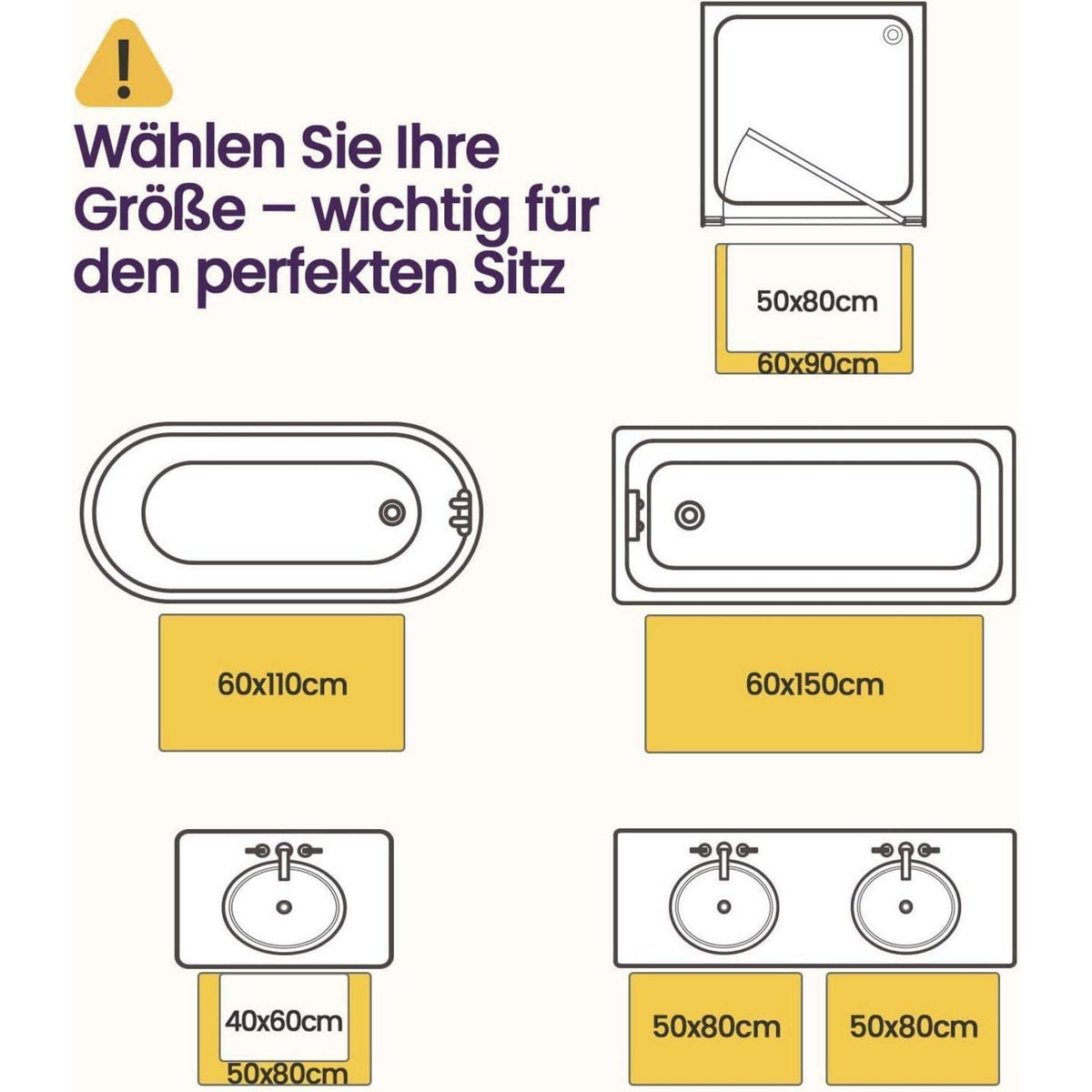 Rutschfeste Badematte Mikrofaser Beige 60x110 cm
