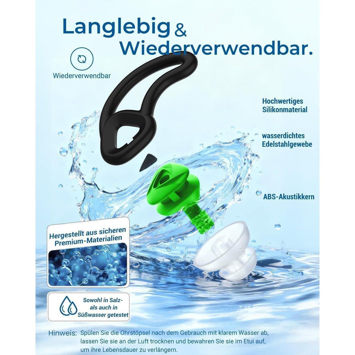 Wasserdichte Schwimm-Ohrstöpsel Set (2er Pack) - Grün Minzgrün