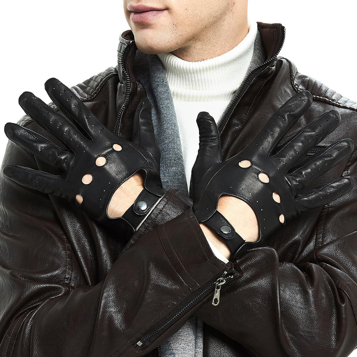 Herren Fahrhandschuhe aus Schaffell, Schwarz, Größe L