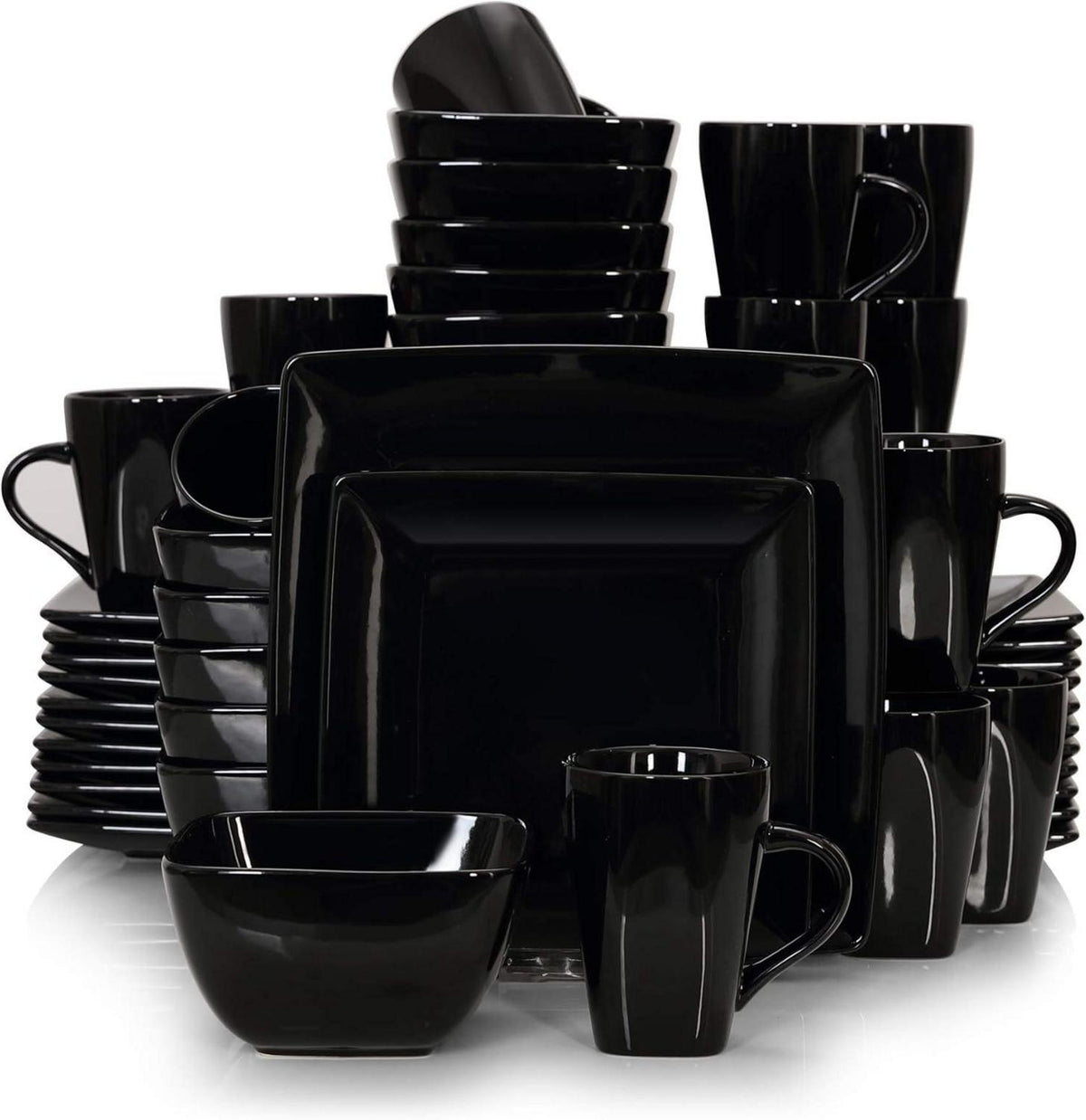 Tafelservice Steinzeug Set 48 teilig eckig Schwarz