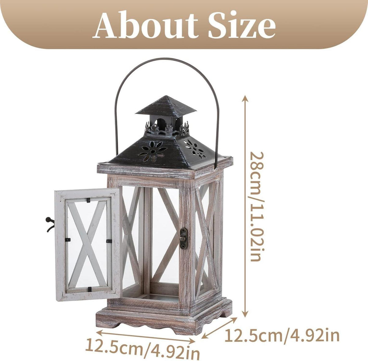 Laterne Vintage Windlicht Holz Metall Deko Garten Haus 28cm Beige