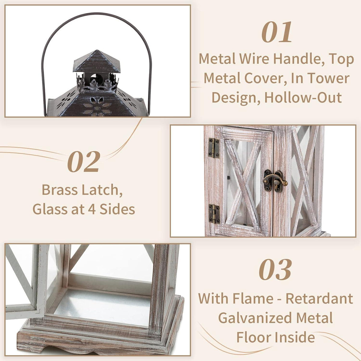 Laterne Vintage Windlicht Holz Metall Deko Garten Haus 28cm Beige