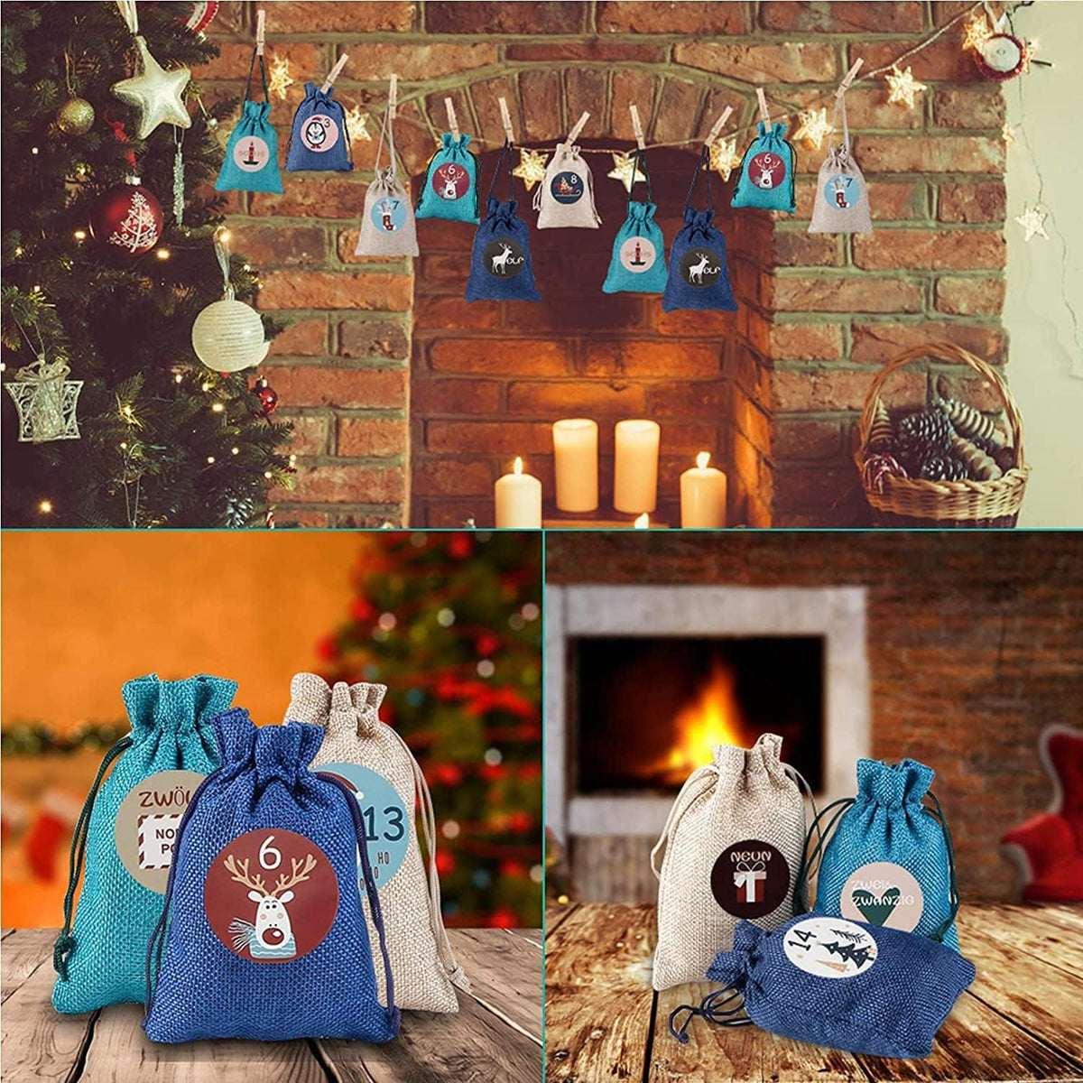 24 Adventskalender Jutesäckchen Weihnachten Geschenktüten DIY Stoffbeutel
