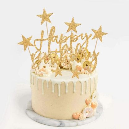 Goldene Geburtstagstorte Deko Set mit Happy Birthday & Sternen - 20-teilig