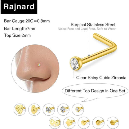 Nasenpiercing Set Chirurgenstahl L-Form Zirkon 24 Stück Roségold